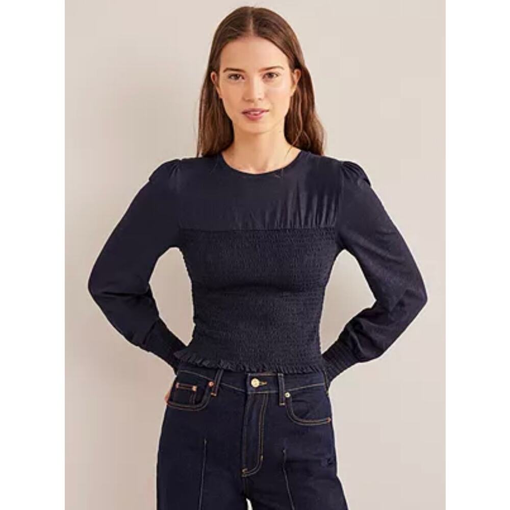 Boden Navy Blue Smocked Long-Sleeve Top